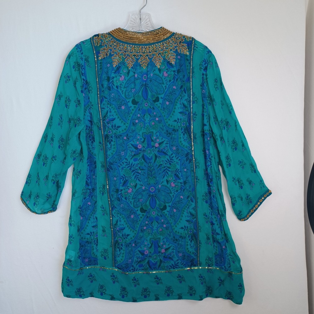 Soft Surroundings Teal Silk Blend Beaded Tunic Top Blue Paisley Boho Womens Sm - Picture 10 of 11